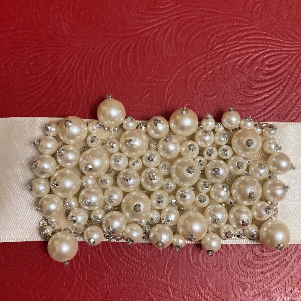 Bride Satin Wide Ribbon Pearl Tie Bracelet Wedding